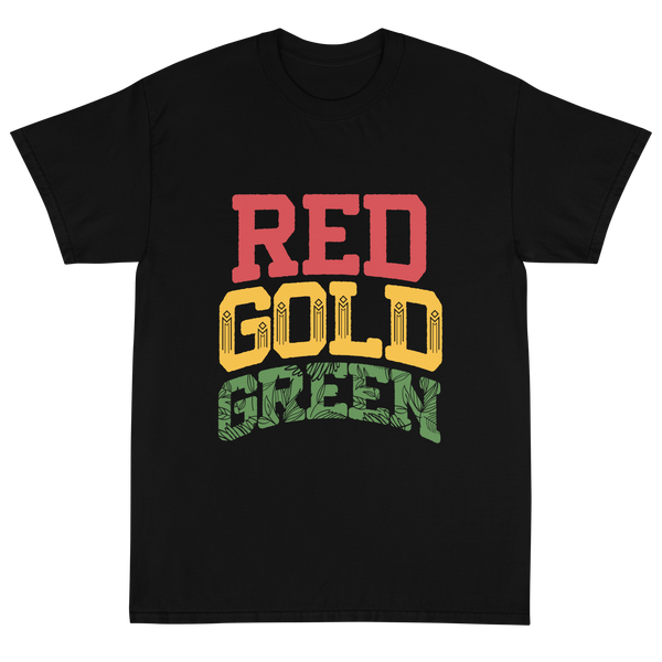 Red Gold & Green Text T-Shirt S / Black / Cotton